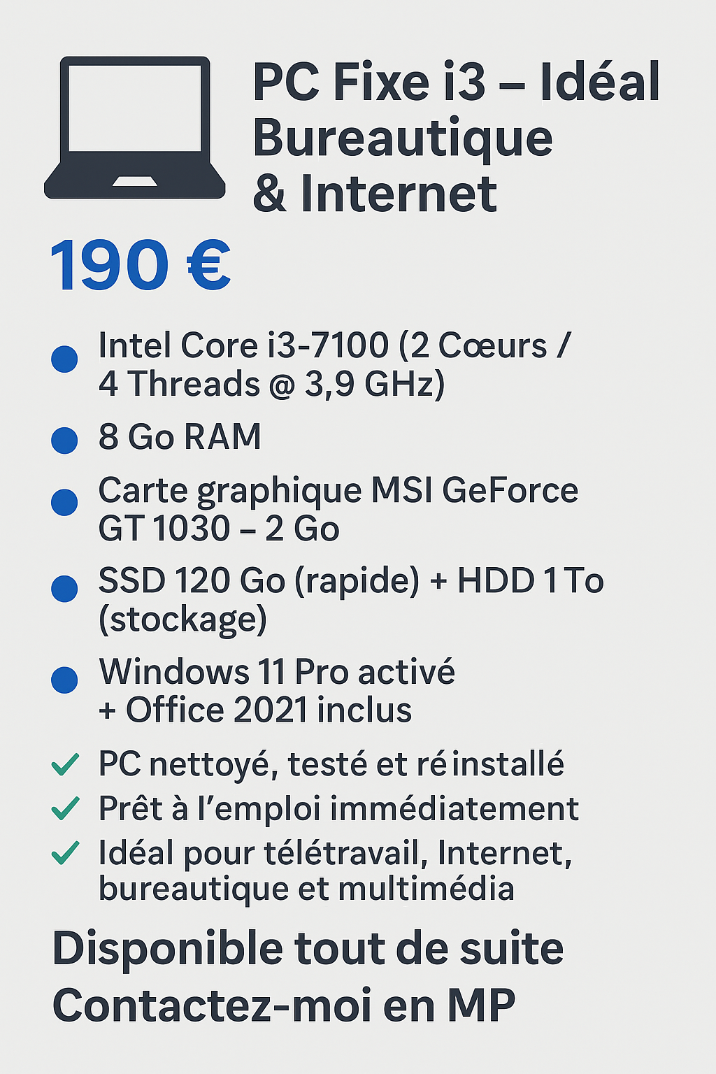 Annonce PC Fixe i3
